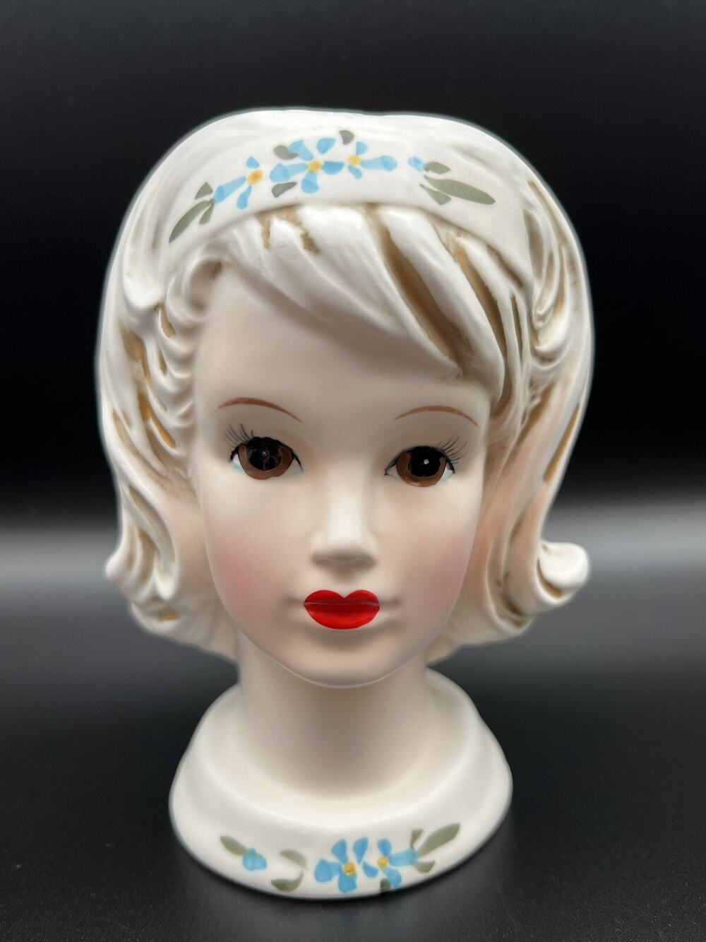 Lefton Teen Girl Head Vase 6” with Red Lips Brown Eyes & Blue Flowers Vintage